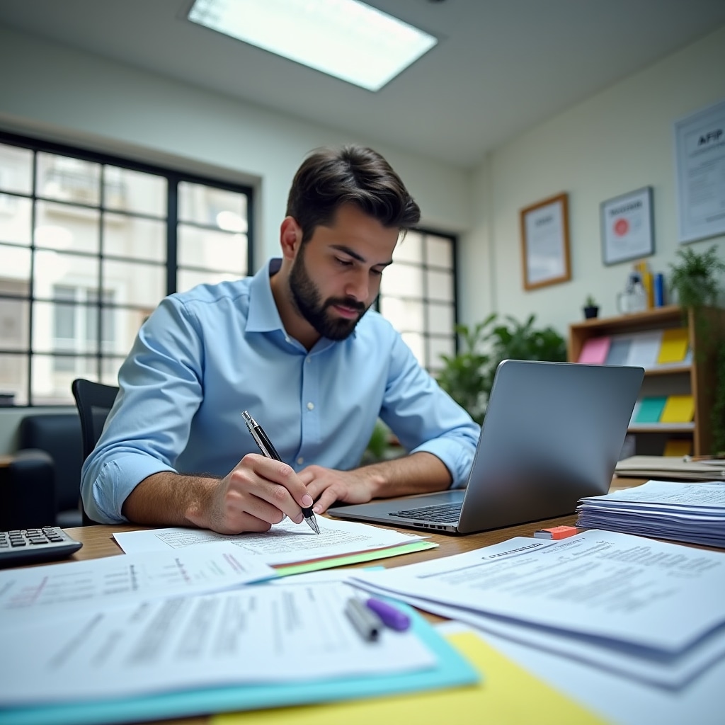 Tax compliance professional organizing AFIP documentation for collective financing platform