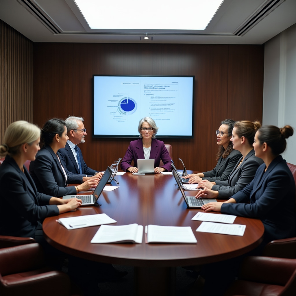 Diverse board members engaged in governance meeting for social impact financing platform