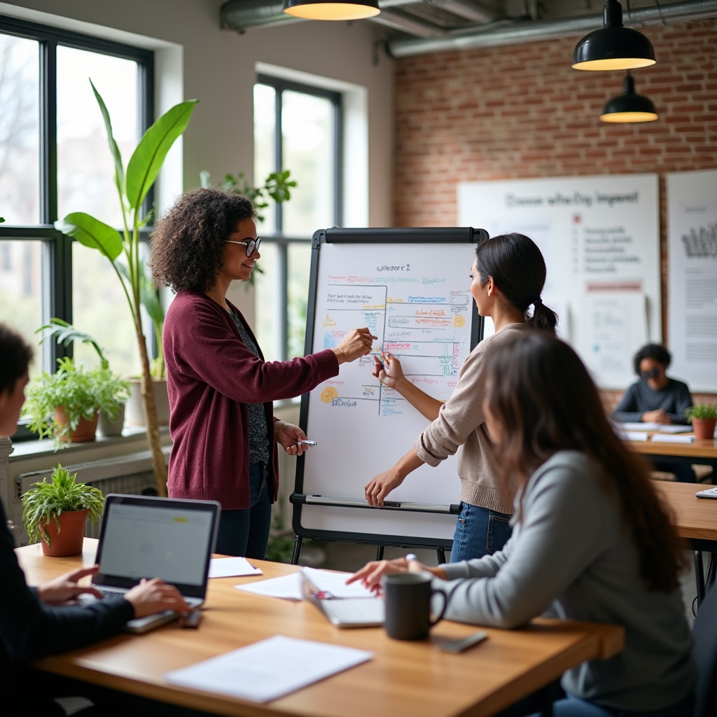Nonprofit team working together on social impact project planning in collaborative office environment