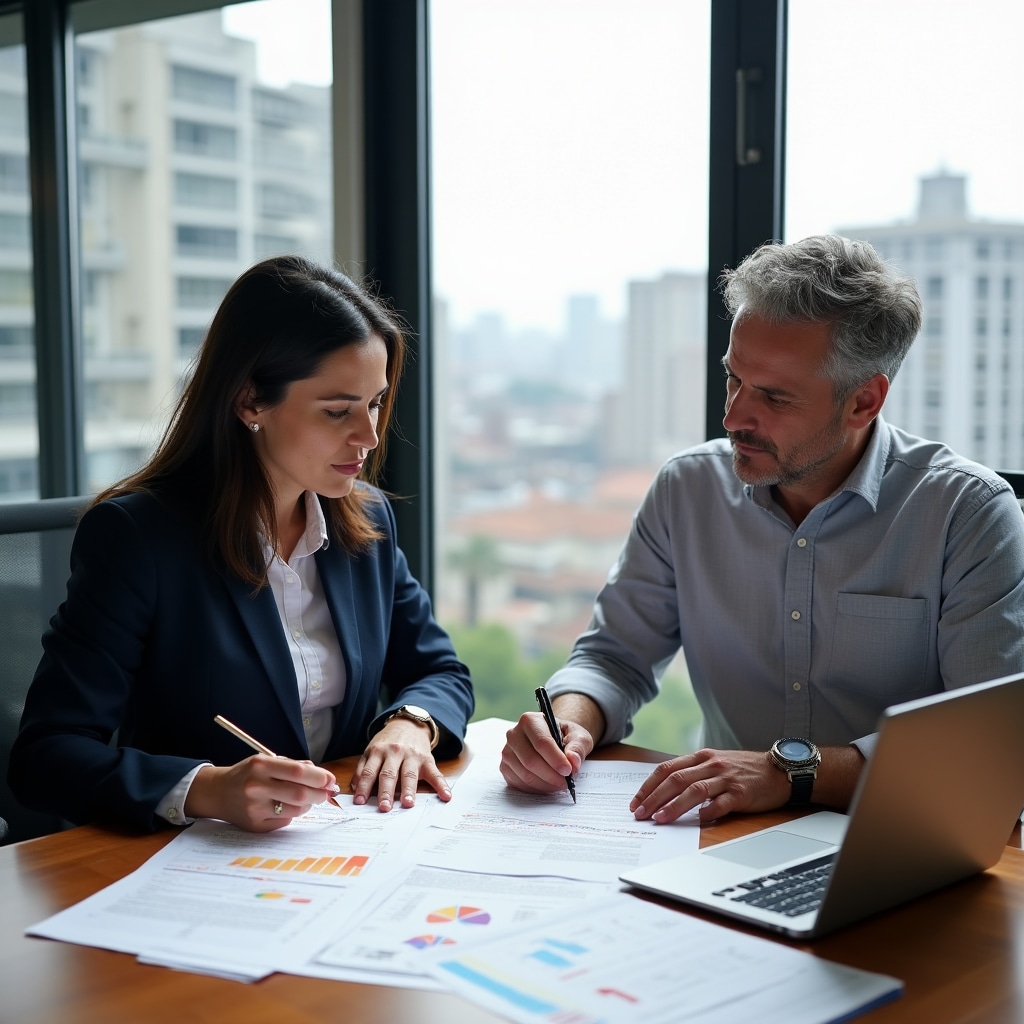 Social impact professionals reviewing lending agreement documents for community development project